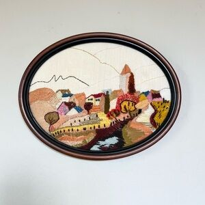 Vintage French Tapestry Needlepoint Framed Decor Coastal Grandma Village Scene